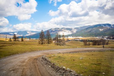 Güney Altai dağlarında bahar doğası manzaralı bir yol, Rusya. Yüksek kalite fotoğraf