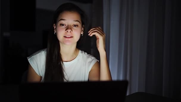 Woman Talking Video Chat Friends Laptop Webcam Sitting Night Girl — Stock Video
