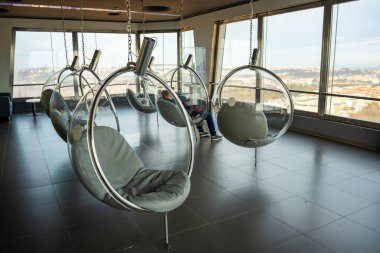 Prague, Czech Republic - February 5, 2023: Interior of panoramic floor of TV Zizkov tower in Prague, Czech Republic. High quality photo