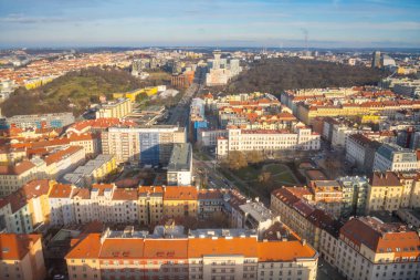 View of the old and new part of the city from Zizkov Television Tower in Prague, Czech republic. High quality photo