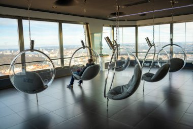 Prague, Czech Republic - February 5, 2023: Interior of panoramic floor of TV Zizkov tower in Prague, Czech Republic. High quality photo