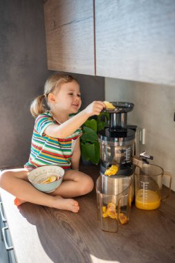 Little girl making fresh juice sitting on the table in home kitchen. High quality photo