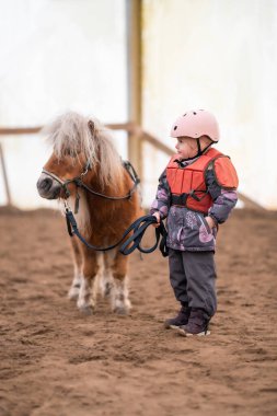 Ders başlamadan önce kahverengi midillisiyle birlikte koruyucu ceketli ve kasklı küçük bir kızın portresi. Yüksek kalite fotoğraf