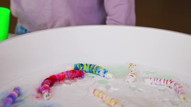 Kleines Mädchen Tropft Wasser Auf Bunte Papierwürmer Sinnesentwicklung Und Erfahrungen — Stockvideo