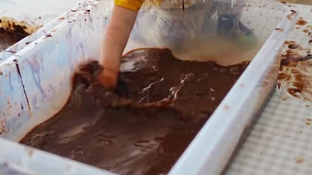 Zelfgemaakte Chocolade Zintuiglijke Modder Met Boerderij Diermodellen Sensorische Ontwikkeling Ervaringen — Stockvideo