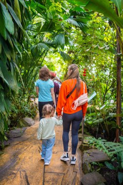 Prag, Çek Cumhuriyeti - 2 Mayıs 2023: Botanik Bahçesi, Prag, Avrupa 'daki tropik bitkilerle dolu dev serada yaşayan insanlar. Yüksek kalite fotoğraf