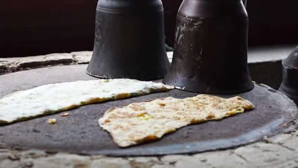 Hands Turkish Cook Preparing Potato Cheese Gozleme Hot Stove Traditional — Stock Video
