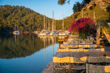 Gocek, Türkiye - 5 Haziran 2023: Kleopatra Bath Bay, Gocek, Fethie, Türkiye yakınlarındaki güzel deniz kıyıları. Bozkır yatları, berrak mavi sular ve sabahları çam ağaçları olan bir manzara. Yüksek kalite fotoğraf