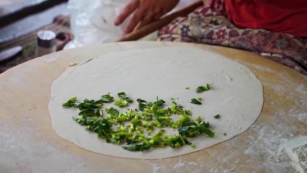 Hands Turkish Cook Preparing Potato Greens Cheese Gozleme Wooden Table — Stock Video