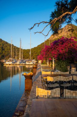 Gocek, Türkiye - 5 Haziran 2023: Kleopatra Bath Bay, Gocek, Fethie, Türkiye yakınlarındaki güzel deniz kıyıları. Bozkır yatları, berrak mavi sular ve sabahları çam ağaçları olan bir manzara. Yüksek kalite fotoğraf