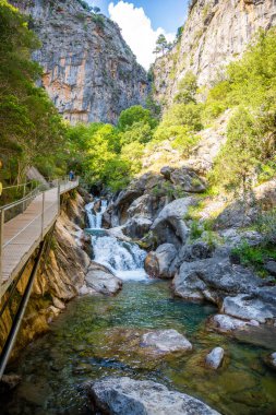 Türkiye 'nin Alanya yakınlarındaki Taurus dağlarında ahşap patikaları ve şelaleleri olan Sapadere kanyonu. Yüksek kalite fotoğraf