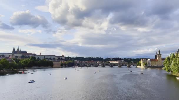 Boats Catamarans Vltava River Section Flows Charles Bridge Prague City — Stock Video