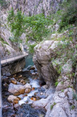Türkiye 'nin Alanya yakınlarındaki Taurus dağlarında ahşap patikaları ve şelaleleri olan Sapadere kanyonu. Yüksek kalite fotoğraf