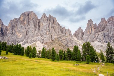 Puez Odle Doğa Parkı 'ndaki Dolomite manzarası. İtalya' nın yeşil çayırlı Alp Platosu 'ndan manzara. Yüksek kalite fotoğraf