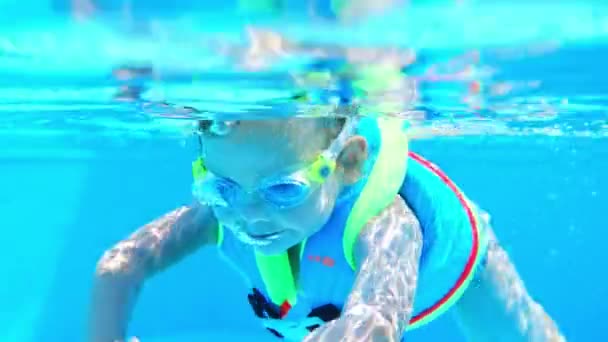 Портрет Маленькой Девочки Плавающей Водой Очках Жилете Бассейне Летние Каникулы — стоковое видео