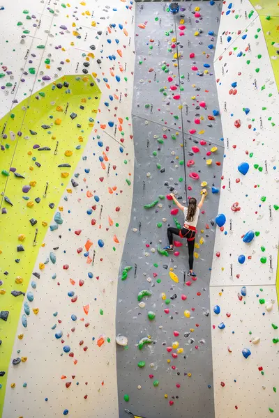 Eine Junge Bergsteigerin Hängt Farbigen Haken Einer Künstlichen Kletterwand Sportzentrum — Stockfoto