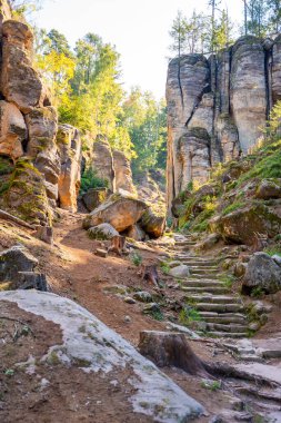 Prahovske skaly in sun light, Cesky raj stone cliff in Bohemian Paradise, Çek Cumhuriyeti. Yüksek kalite fotoğraf