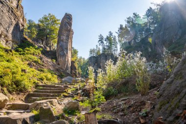 Prahovske skaly in sun light, Cesky raj stone cliff in Bohemian Paradise, Çek Cumhuriyeti. Yüksek kalite fotoğraf