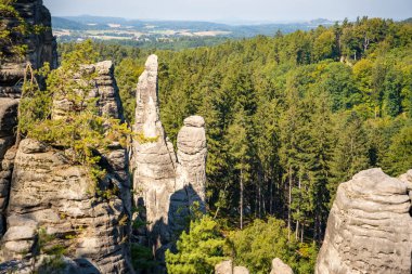 Prahovske skaly in sun light, Cesky raj stone cliff in Bohemian Paradise, Çek Cumhuriyeti. Yüksek kalite fotoğraf