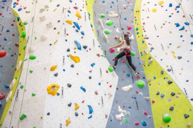 Prag spor merkezinin içindeki yapay duvara tırmanan renkli kancalara asılı kaya tırmanışçısı genç bir kadın. Ekstrem spor ve kaya konsepti. Yüksek kalite fotoğraf