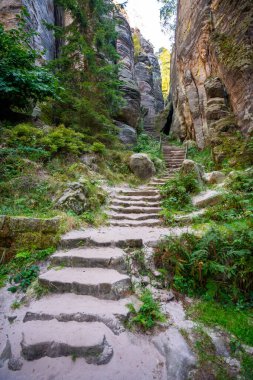Prahovske skaly in sun light, Cesky raj stone cliff in Bohemian Paradise, Çek Cumhuriyeti. Yüksek kalite fotoğraf