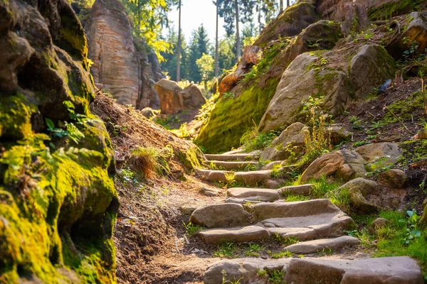 Prahovske skaly in sun light, Cesky raj stone cliff in Bohemian Paradise, Çek Cumhuriyeti. Yüksek kalite fotoğraf