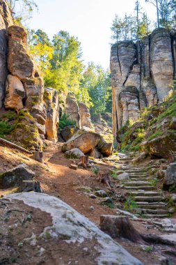 Prahovske skaly in sun light, Cesky raj stone cliff in Bohemian Paradise, Çek Cumhuriyeti. Yüksek kalite fotoğraf