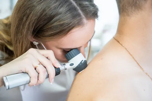 Doctor dermatologist examines skin of patient. Dermatoscopy, prevention of melanoma, skin cancer. High quality photo