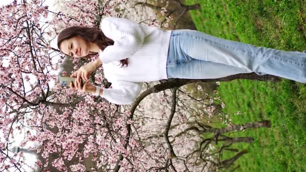 Schöne Junge Frau Beim Fotografieren Des Blühenden Rosa Weißen Gartens — Stockvideo