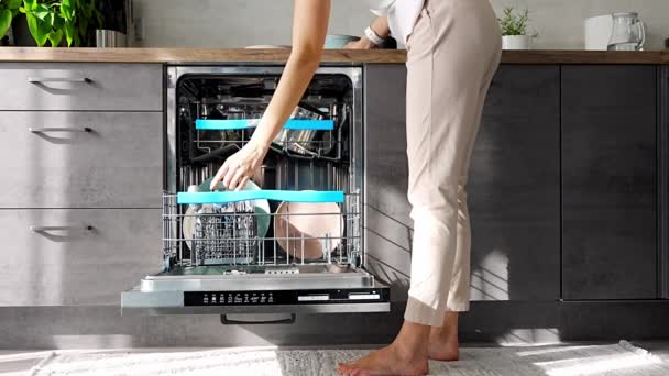 Bulaşık Makinesine Kirli Seramik Tabak Koyan Bir Kadın Yardımcı Teknoloji — Stok video