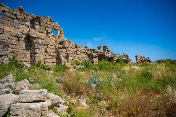 stock image Ruins of Agora, ancient city in Side in sunny summer day, Turkey. High quality photo