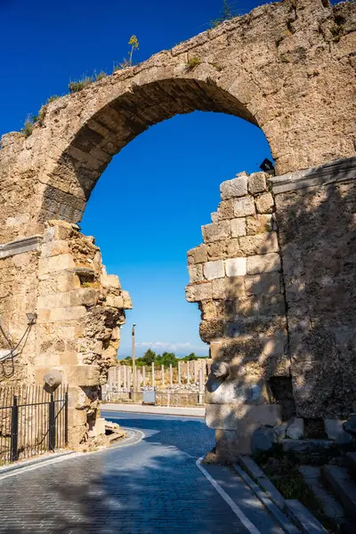 stock image Ruins of Agora, ancient city in Side in sunny summer day, Turkey. High quality photo