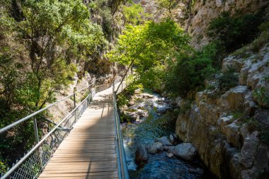 Türkiye 'nin Alanya yakınlarındaki Taurus dağlarında ahşap patikaları ve şelaleleri olan Sapadere kanyonu. Yüksek kalite fotoğraf