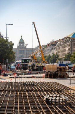 Prague, Czech Republic - August 28, 2024: Reconstruction of the part of Wenceslas Square, construction of tram tracks, infrastructure upgrade on Wenceslas Square.  clipart