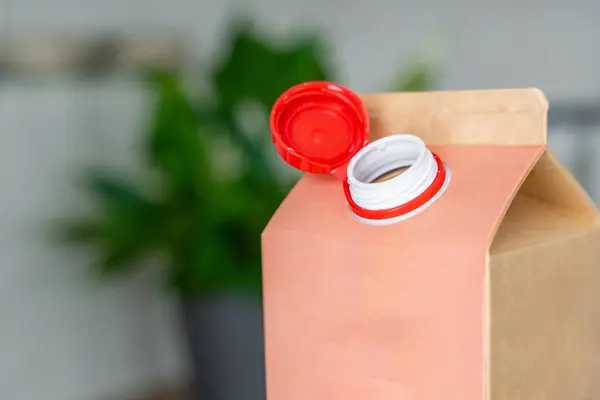 stock image Long-life cardboard container from recycling materials with stationary plastic cap. Cap remains attached after opening, making the entire package easier to collect and recycle. High quality photo