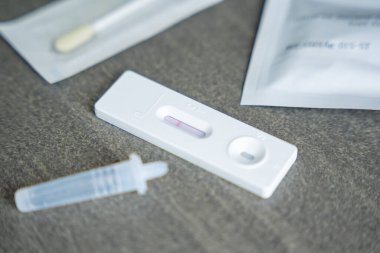 Hızlı antijen test kiti ve COVID-19 testi negatif sonuç verdi. Coronavirus self nazal ya da evde yapılan testler, virüslerin sonbaharda şiddetlenmesi. Yüksek kalite fotoğraf