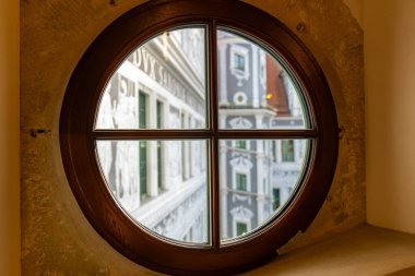  View from small window on the courtyard with outstanding architecture in the center of Dresden, Germany. High quality photo clipart