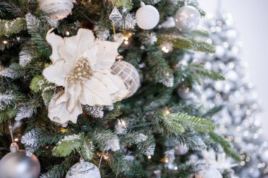 Gümüş oyuncaklı Noel ağacı. Şenlikli Noel ağacı çelenklerle süslenmiş. Yeni yılın moda renklerinde sembolü. Yüksek kalite fotoğraf