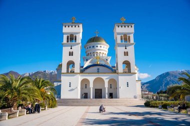 Bar, Montenegro - January 5, 2025: Orthodox Cathedral Church of St. Jovan Vladimir in white and gold colors in Bar, Montenegro. . High quality photo clipart