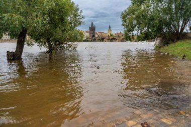 Prag 'da sel. Prag, Vltava nehri üzerindeki Charles Köprüsü manzarası. Yüksek kalite fotoğraf