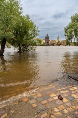 Prag 'da sel. Prag, Vltava nehri üzerindeki Charles Köprüsü manzarası. Yüksek kalite fotoğraf