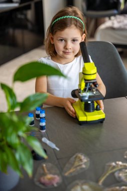 Yeşil mikroskoplu küçük bir kızın portresi. Merakın ve erken bilimsel keşiflerin kavramı. Yüksek kalite fotoğraf