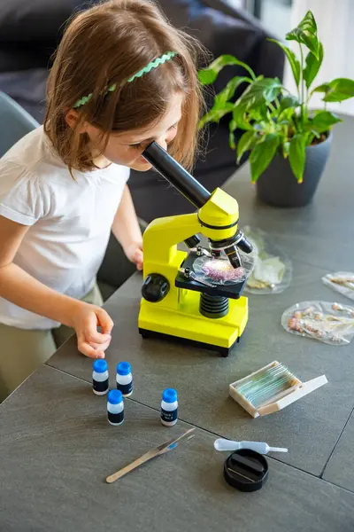 Evde mikroskop altında bitki örneklerini inceleyen küçük bir kız. Erken fen eğitimi ve botanik araştırması kavramı. Yüksek kalite fotoğraf
