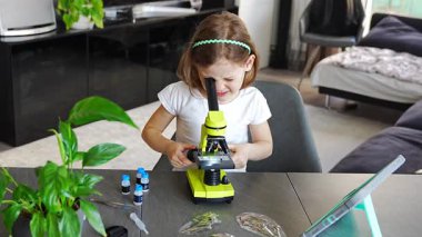 Küçük kız yeşil bir mikroskoptan bakıyor. Merakın ve erken bilimsel keşiflerin kavramı. Yüksek kalite 4k görüntü