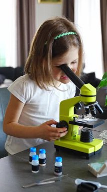 Küçük kız yeşil bir mikroskoptan bakıyor. Merakın ve erken bilimsel keşiflerin kavramı. Yüksek kalite 4k görüntü