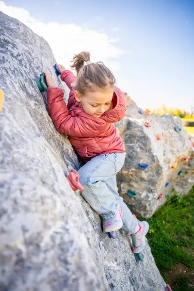 Oyun parkında yapay bir tırmanma duvarına tırmanan küçük bir kız güç ve koordinasyon geliştiriyor. Yüksek kalite fotoğraf