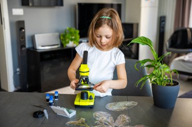 Evde mikroskop altında bitki örneklerini inceleyen küçük bir kız. Erken fen eğitimi ve botanik araştırması kavramı. Yüksek kalite fotoğraf