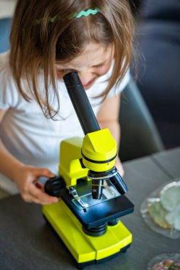 Küçük kız yeşil bir mikroskoptan bakıyor. Merakın ve erken bilimsel keşiflerin kavramı. Yüksek kalite fotoğraf
