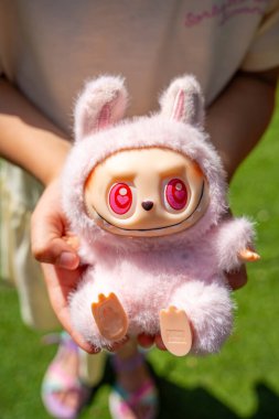 Budva, Karadağ - 12 Haziran 2025: Pop Mart LaBubu koleksiyonundan Pembe Dada figürünün yakın çekimi çocuk ellerinde. Oyun yoluyla popüler koleksiyon oyuncaklarına ve duygusal bağlantılara odaklan. 