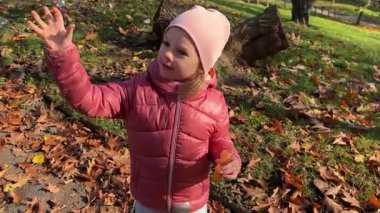 Prag 'daki sonbahar parkında sabun köpüğü yakalayan küçük bir kız. Yüksek kalite 4k görüntü